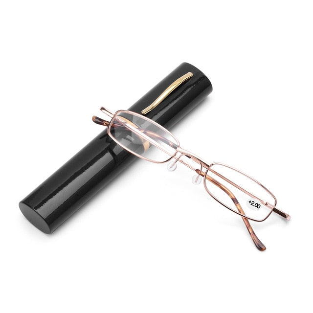 Unisex Reading Glasses with Pen Tube Case Portable Presbyopic Glasses Metal Case Spring Hinge Eyeglasses Vision Care +1.00~+4.00