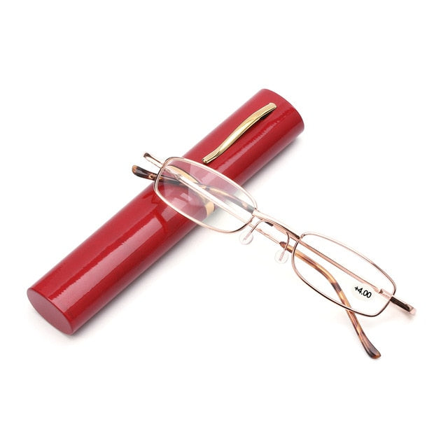 Unisex Reading Glasses with Pen Tube Case Portable Presbyopic Glasses Metal Case Spring Hinge Eyeglasses Vision Care +1.00~+4.00