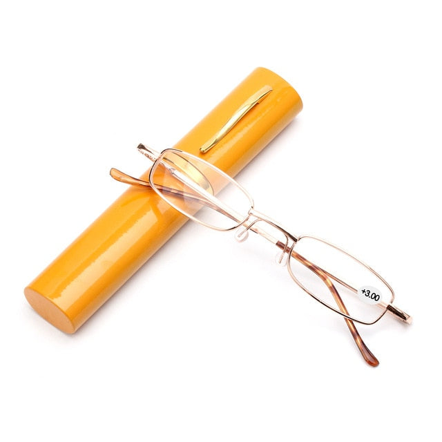 Unisex Reading Glasses with Pen Tube Case Portable Presbyopic Glasses Metal Case Spring Hinge Eyeglasses Vision Care +1.00~+4.00