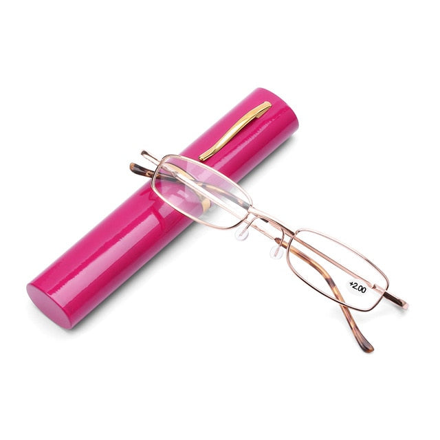 Unisex Reading Glasses with Pen Tube Case Portable Presbyopic Glasses Metal Case Spring Hinge Eyeglasses Vision Care +1.00~+4.00