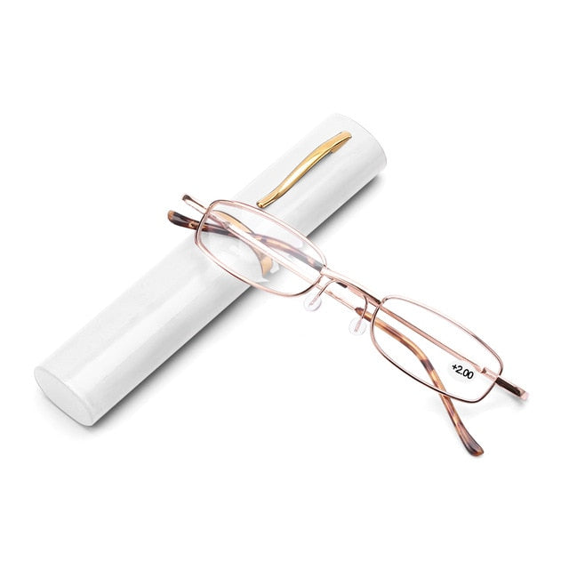 Unisex Reading Glasses with Pen Tube Case Portable Presbyopic Glasses Metal Case Spring Hinge Eyeglasses Vision Care +1.00~+4.00