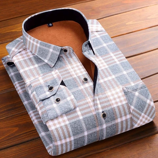 Aoliwen 2020 Fashion Men's Slim Shirts Autumn And Winter Thickening Warm Plaid 24 Colors Male Social Shirt Clothing Size M-5Xl