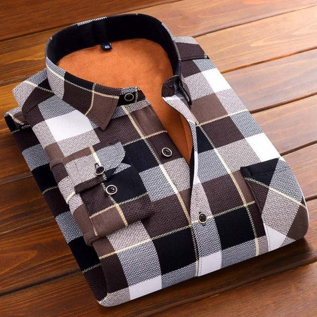 Aoliwen 2020 Fashion Men's Slim Shirts Autumn And Winter Thickening Warm Plaid 24 Colors Male Social Shirt Clothing Size M-5Xl