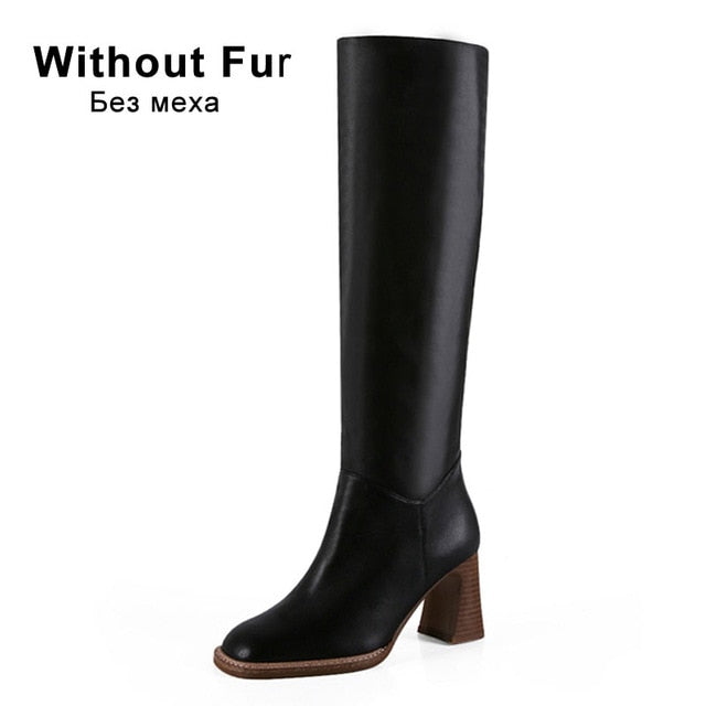 Taoffen Size 34-43 2021 INS Women Knee High Heel Boots Lady Riding Botas Warm Winter Shoes Women Sexy Square Toe Casual Footwear