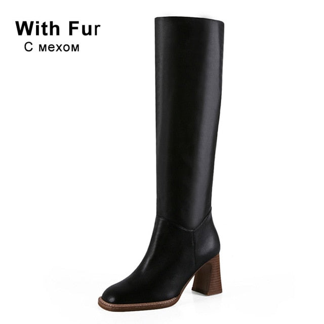 Taoffen Size 34-43 2021 INS Women Knee High Heel Boots Lady Riding Botas Warm Winter Shoes Women Sexy Square Toe Casual Footwear