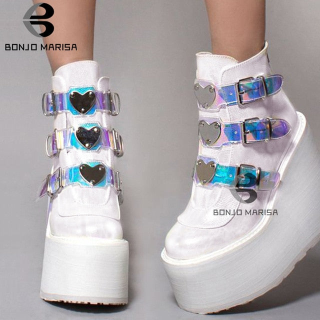 BONJOMARISA Dropshipping INS Hot Brand High Platform Ankle Boots Women 2020 Fashion PVC Strap Decorating High Wedges Shoes Woman