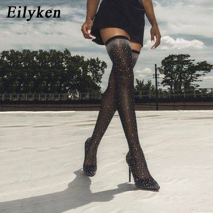 Eilyken 2021 Fashion Runway Crystal Stretch Fabric Sock Boots Pointy Toe Over-the-Knee Heel Thigh High Pointed Toe Woman Boot