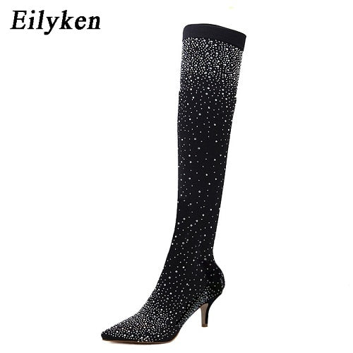 Eilyken 2021 Fashion Runway Crystal Stretch Fabric Sock Boots Pointy Toe Over-the-Knee Heel Thigh High Pointed Toe Woman Boot