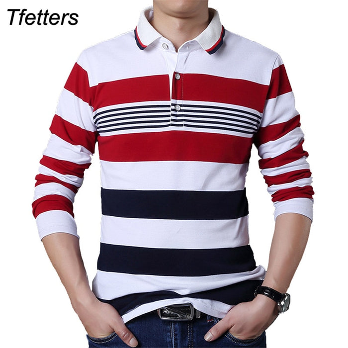 TFETTERS Autumn Casual Men T-shirt White and Red Stripe Pattern Fitness Long Sleeve Turn-down Collar Cotton Tops Stripe Clothes