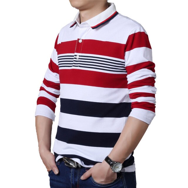 TFETTERS Autumn Casual Men T-shirt White and Red Stripe Pattern Fitness Long Sleeve Turn-down Collar Cotton Tops Stripe Clothes