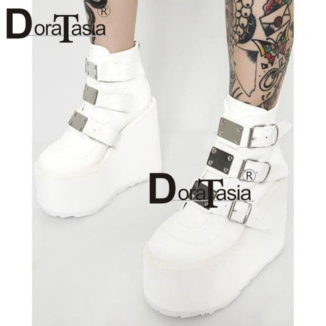 DORATASIA 2020 Brand New Metal Buckle Ankle Boots Women Fashion Punk Female High Platform Boots Wedges High Heels Shoes Woman