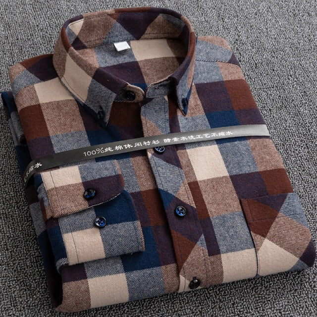 New Plaid Shirts for Male Plus Size Leisure Mens 100% Cotton Winter Warm Flannel Casual Checkered Over Size Shirt long Sleeve