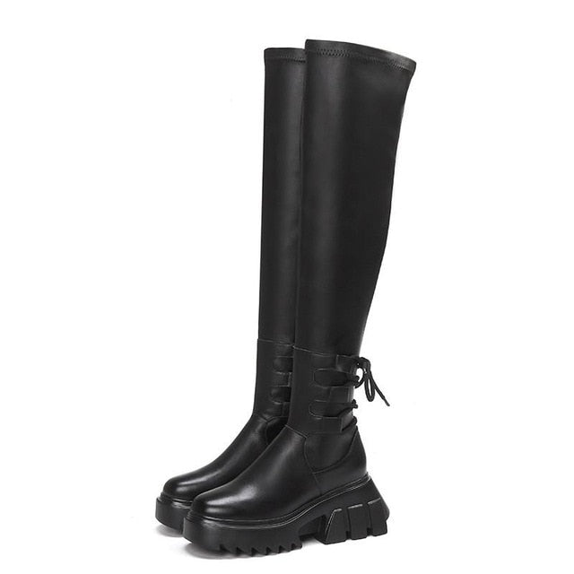 Sexy Leather Thigh High Boots Women High Heels Over The Knee Boots For Women Round Toe Party Long Shoes Cross-tied