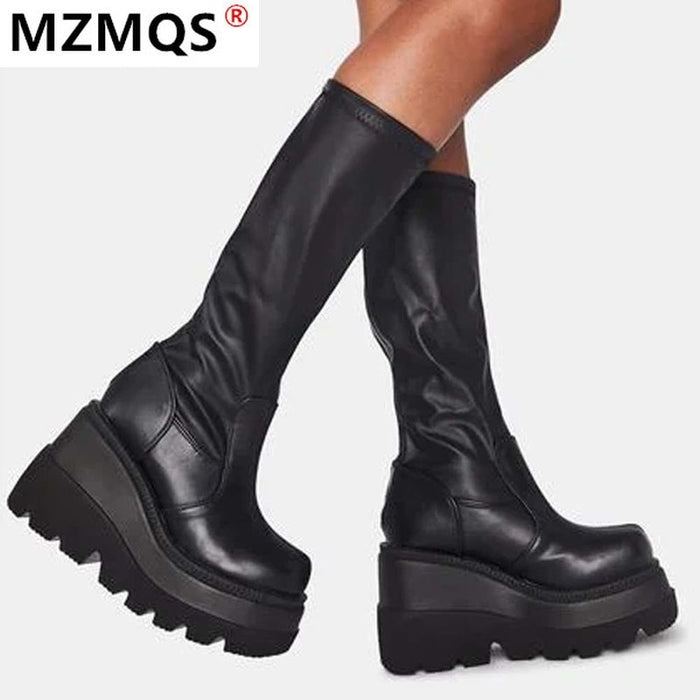 2020 New Ladies High Platform Boots Fashion Zip High Heels Boots Women Wedges Shoes Woman Casual Boots Heels Plus Size 35-43