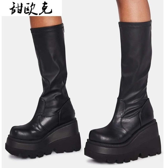 2020 New Ladies High Platform Boots Fashion Zip High Heels Boots Women Wedges Shoes Woman Casual Boots Heels Plus Size 35-43