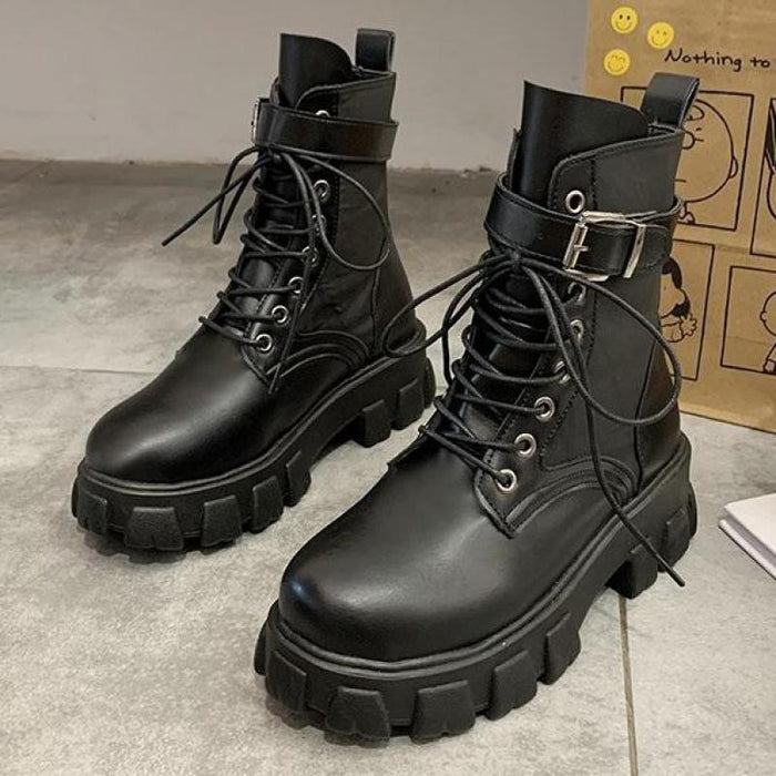 2020 Black Platform Combat Ankle Boots For Women Lace Up Buckle Strap Woman Shoes Winter Biker Boots Big Size