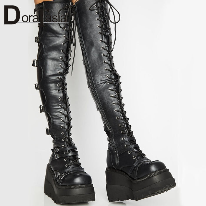 Brand Design Female High Platform Thigh High Boots Fashion Buckle Punk High Heels Boots Women Cosplay Wedges Shoes Woman