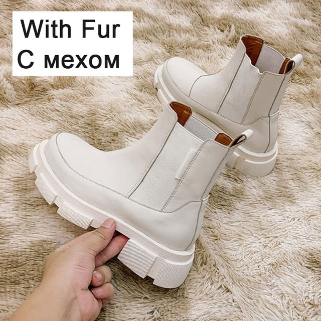 RIZABINA Ins Real Leather Women Ankle Boots Fashion Platform Warm Fur High Heel Winter Shoes Woman Casual Footwear Size 35-42