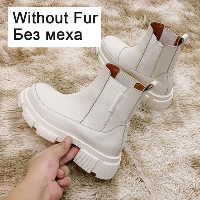 RIZABINA Ins Real Leather Women Ankle Boots Fashion Platform Warm Fur High Heel Winter Shoes Woman Casual Footwear Size 35-42