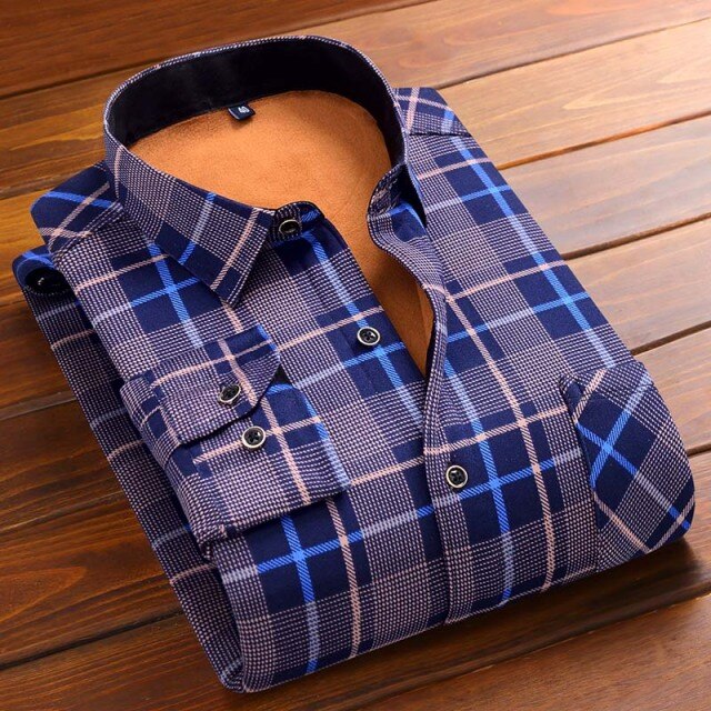 Aoliwen Men's winter Lining wool warm shirt flannel milk silk long sleeve men thicken casual fashion plaid shirt slim fit