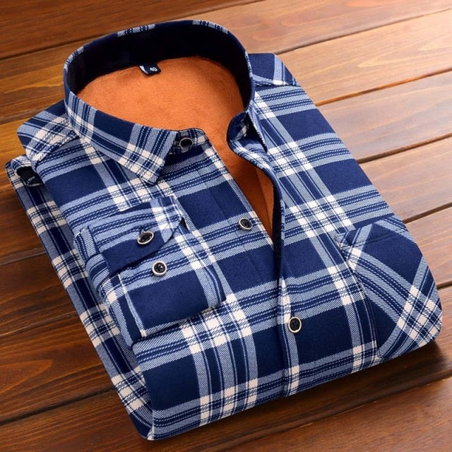 Aoliwen Men's winter Lining wool warm shirt flannel milk silk long sleeve men thicken casual fashion plaid shirt slim fit