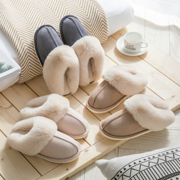 Luxury Faux Suede Home Women Full Fur Slippers Winter Warm Plush Bedroom Non-Slip Couples Shoes Indoor Ladies Furry Slippers