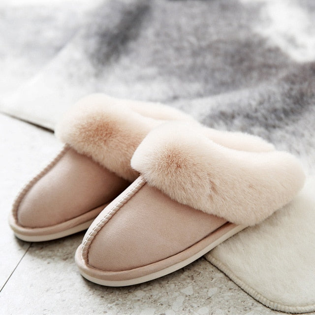 Luxury Faux Suede Home Women Full Fur Slippers Winter Warm Plush Bedroom Non-Slip Couples Shoes Indoor Ladies Furry Slippers