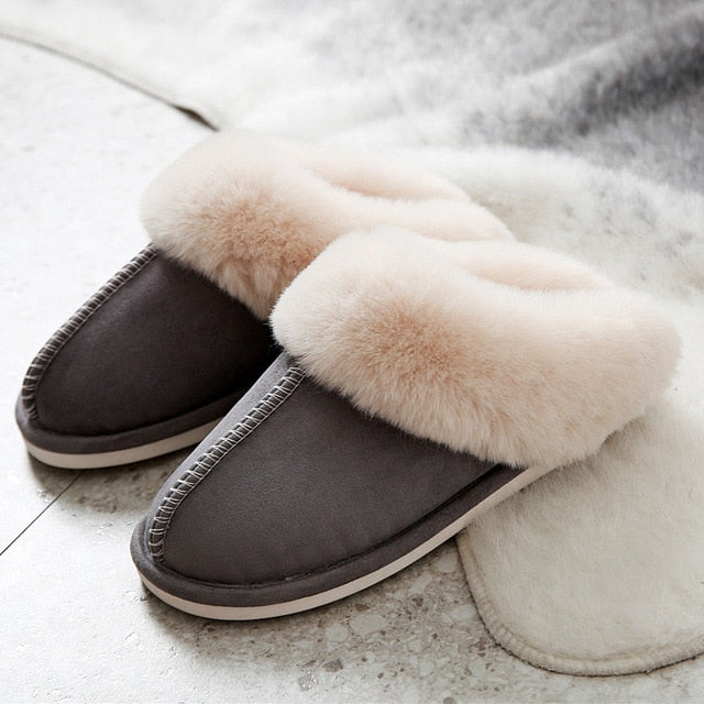 Luxury Faux Suede Home Women Full Fur Slippers Winter Warm Plush Bedroom Non-Slip Couples Shoes Indoor Ladies Furry Slippers