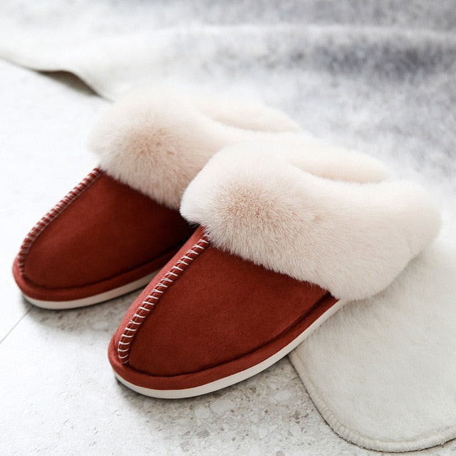 Luxury Faux Suede Home Women Full Fur Slippers Winter Warm Plush Bedroom Non-Slip Couples Shoes Indoor Ladies Furry Slippers