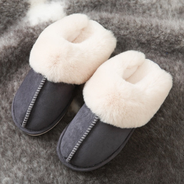 Luxury Faux Suede Home Women Full Fur Slippers Winter Warm Plush Bedroom Non-Slip Couples Shoes Indoor Ladies Furry Slippers