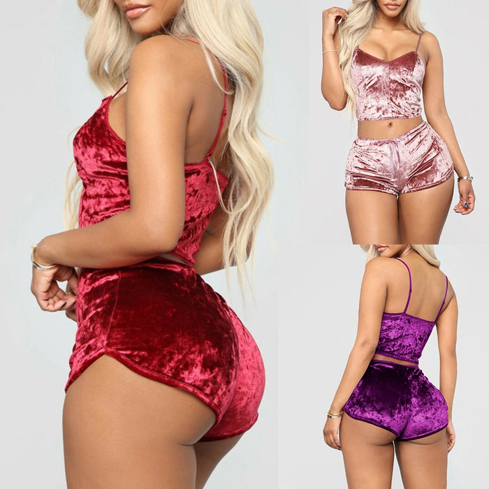 WENYUJH 2020 Women 2pcs Velvet Sleepwear Sexy Spaghetti Strap Velvet Shorts Pajama Set Ladies Sleepwear female Pajama Party Set