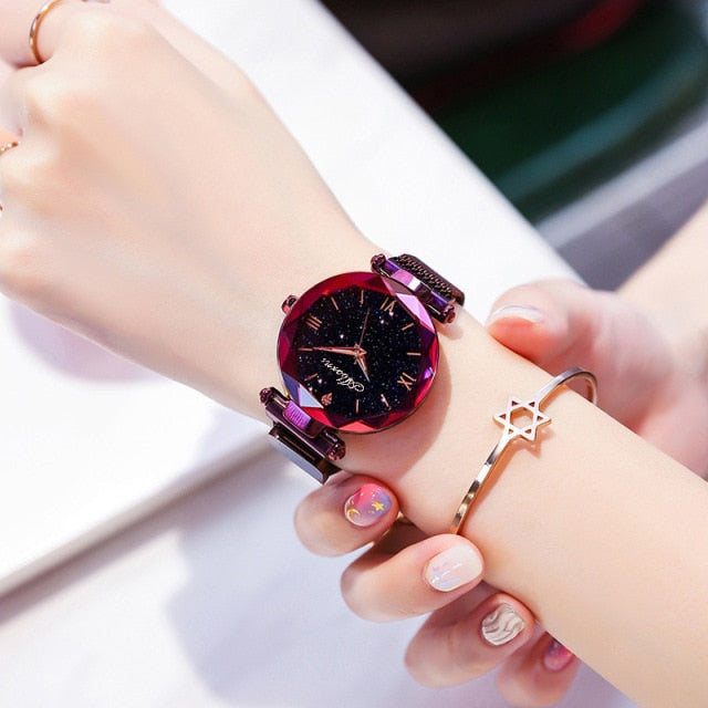 Women watch Elegant Magnet Fashion Quartz Wristwatch Buckle Starry Sky Roman Numeral Watch for women gift for Ladies