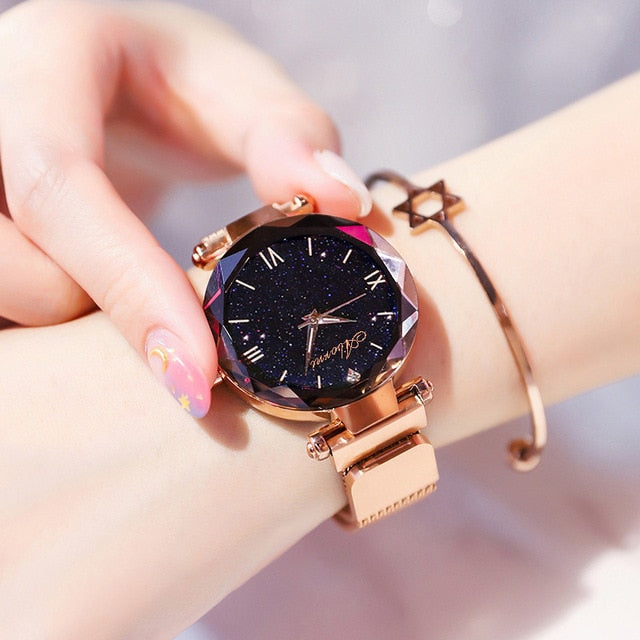 Women watch Elegant Magnet Fashion Quartz Wristwatch Buckle Starry Sky Roman Numeral Watch for women gift for Ladies