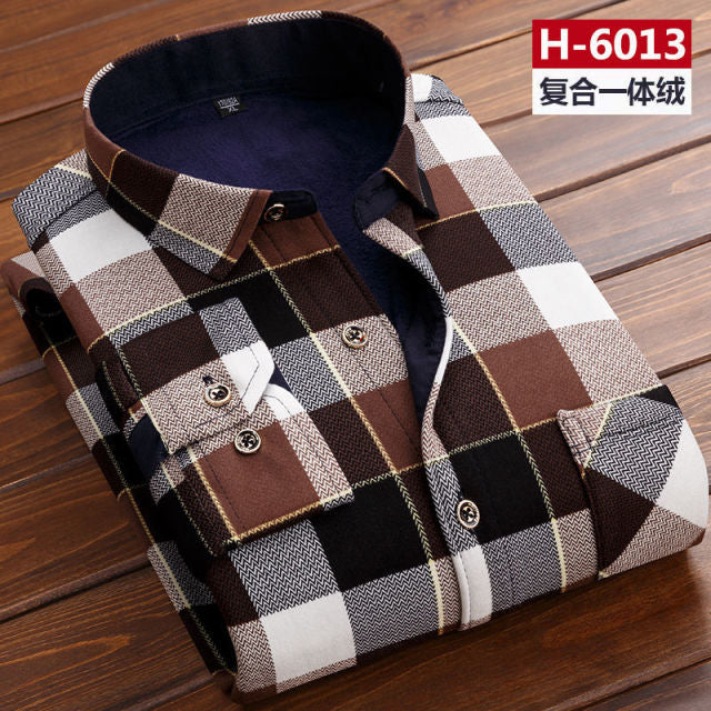 Autumn Winter Men Fleece Warm thermo Shirt Male Fashion Print Long sleeve big size thermal shirt Thick warm Plaid shirt L-6XL