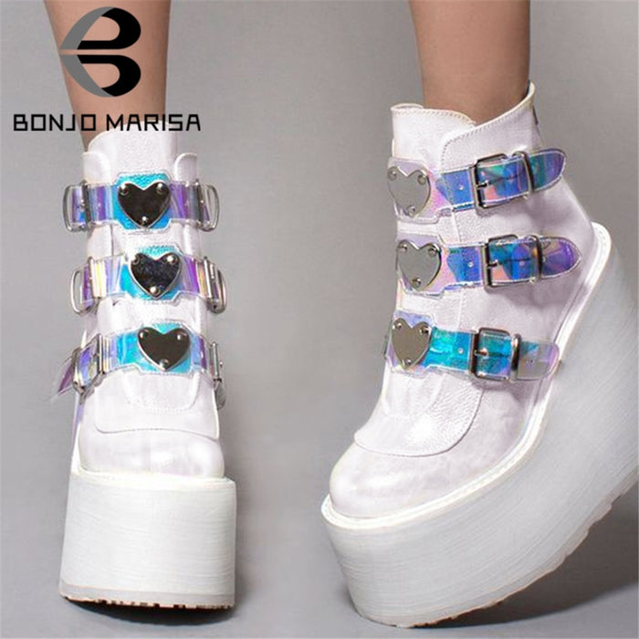 BONJOMARISA Dropshipping INS Hot Brand High Platform Ankle Boots Women 2020 Fashion PVC Strap Decorating High Wedges Shoes Woman