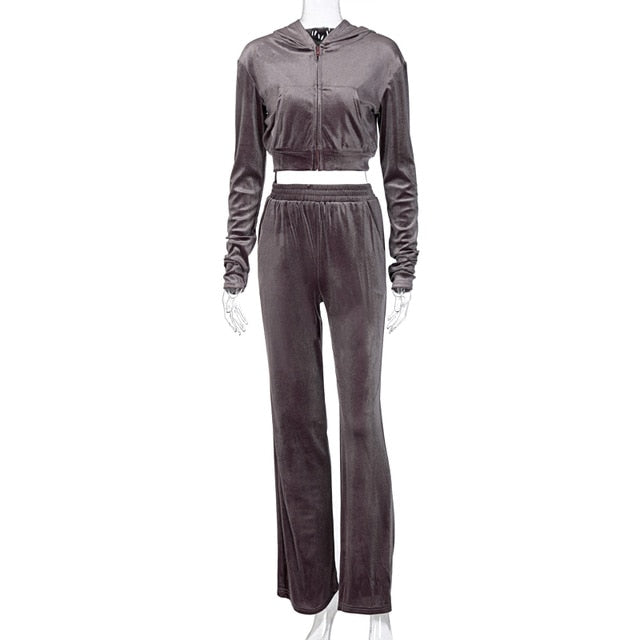 Dulzura Velvet Women 3 Piece Set Hoodie Sweatshirt Zipper Tube Crop Top High Waist Wide Leg Pants Tracksuit Sporty Casual Outfit