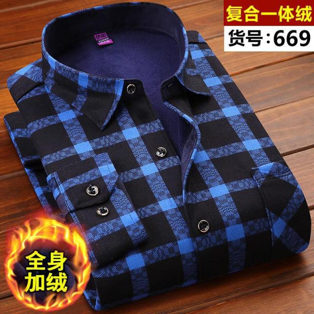 Winter Thick Velvet Dress Shirt For Men thermo Casual Long Sleeve Plaid Warm Fleece Lining Shirts Soft Flannel Plus Size L-6XL