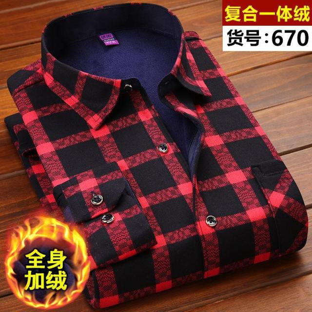 Winter Thick Velvet Dress Shirt For Men thermo Casual Long Sleeve Plaid Warm Fleece Lining Shirts Soft Flannel Plus Size L-6XL