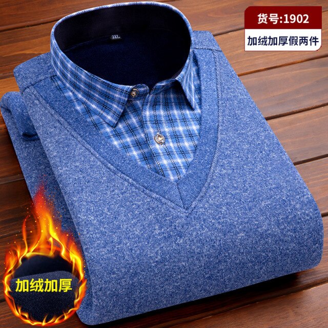 Autumn and winter men's plus fleece fake two warm shirts Youth business casual fashion sweater shirt Classic padded slim top 4XL