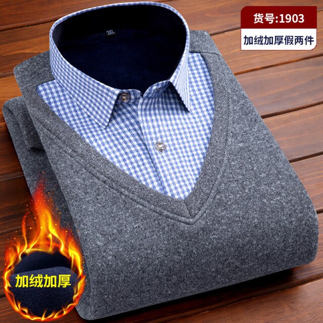 Autumn and winter men's plus fleece fake two warm shirts Youth business casual fashion sweater shirt Classic padded slim top 4XL