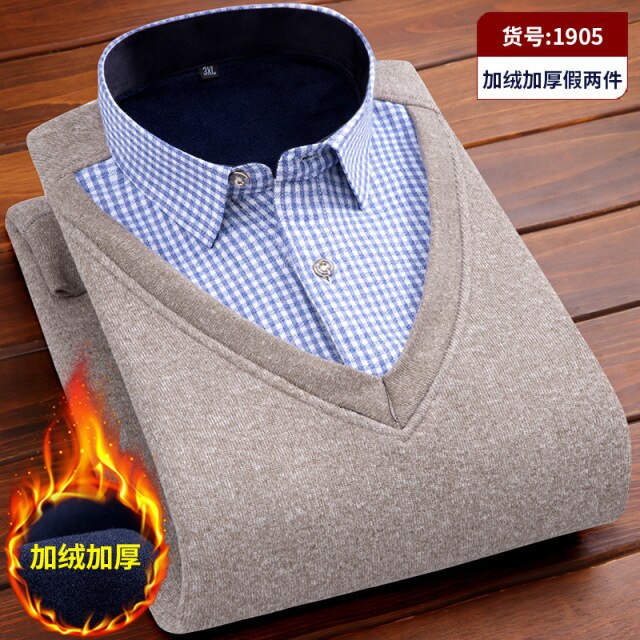 Autumn and winter men's plus fleece fake two warm shirts Youth business casual fashion sweater shirt Classic padded slim top 4XL