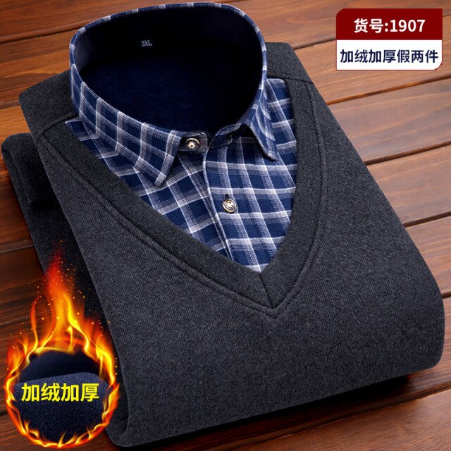 Autumn and winter men's plus fleece fake two warm shirts Youth business casual fashion sweater shirt Classic padded slim top 4XL