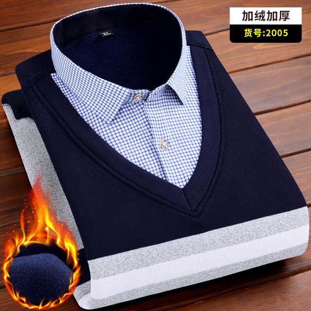 Autumn and winter men's plus fleece fake two warm shirts Youth business casual fashion sweater shirt Classic padded slim top 4XL