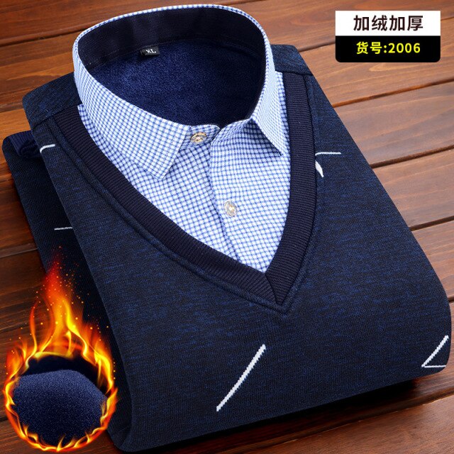 Autumn and winter men's plus fleece fake two warm shirts Youth business casual fashion sweater shirt Classic padded slim top 4XL