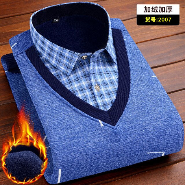 Autumn and winter men's plus fleece fake two warm shirts Youth business casual fashion sweater shirt Classic padded slim top 4XL