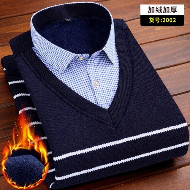 Autumn and winter men's plus fleece fake two warm shirts Youth business casual fashion sweater shirt Classic padded slim top 4XL