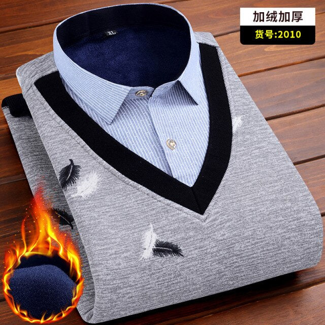 Autumn and winter men's plus fleece fake two warm shirts Youth business casual fashion sweater shirt Classic padded slim top 4XL