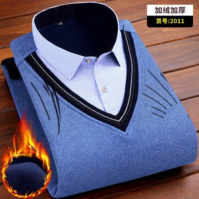 Autumn and winter men's plus fleece fake two warm shirts Youth business casual fashion sweater shirt Classic padded slim top 4XL