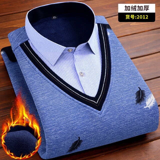 Autumn and winter men's plus fleece fake two warm shirts Youth business casual fashion sweater shirt Classic padded slim top 4XL