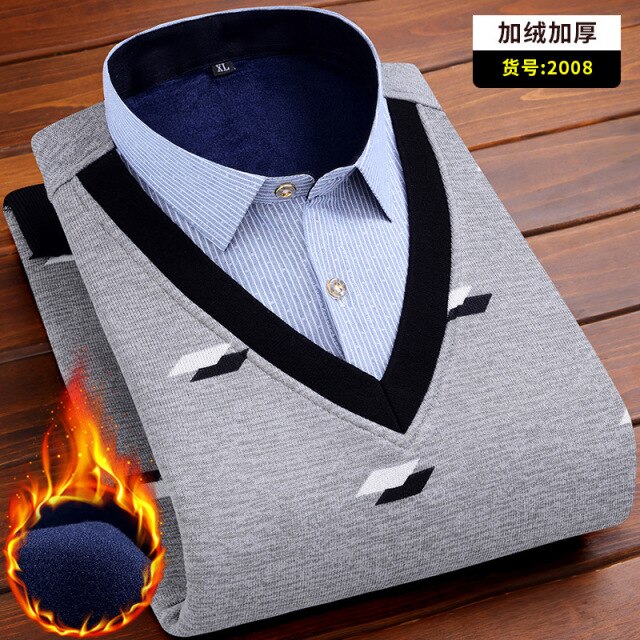 Autumn and winter men's plus fleece fake two warm shirts Youth business casual fashion sweater shirt Classic padded slim top 4XL